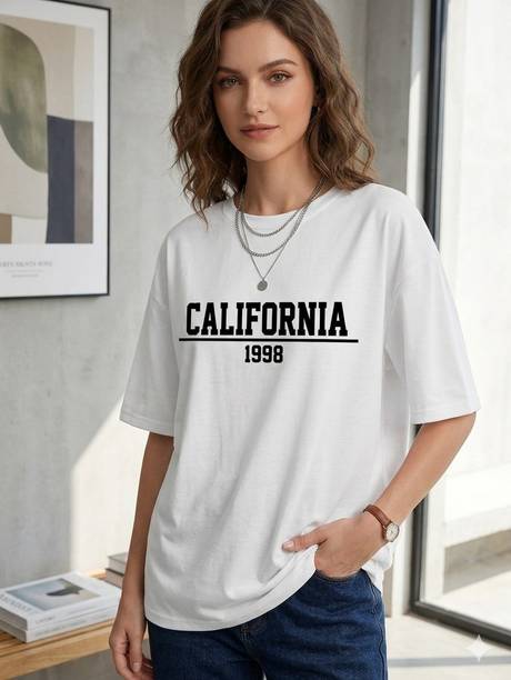Women Printed, Graphic Print V Neck Reversible Cotton Blend White T-Shirt