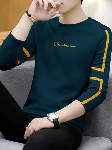 Men Typography Round Neck Cotton Blend Blue T-Shirt