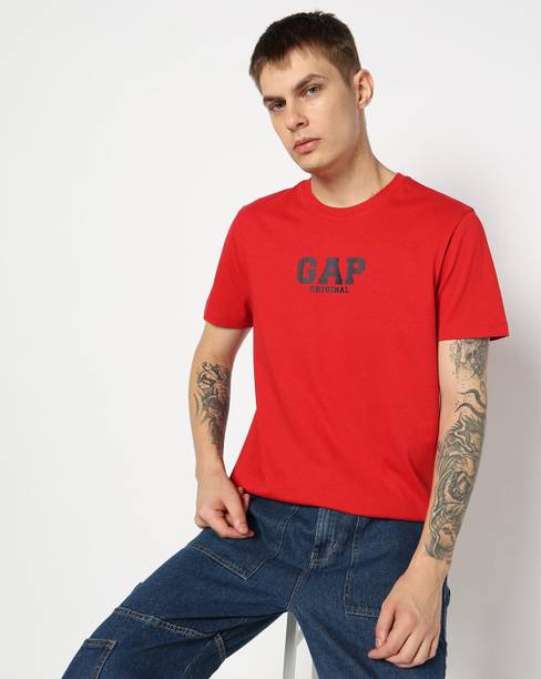 GAP Men Printed Crew Neck Pure Cotton Red T-Shirt