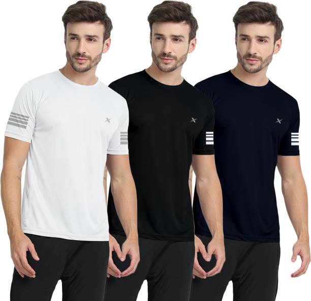 Pack of 3 Men Printed Round Neck Polyester White, Black, Navy Blue T-Shirt Price in India