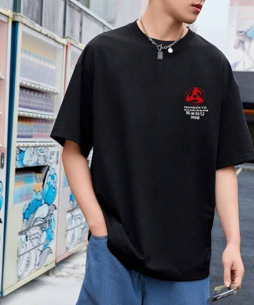 Men Printed, Typography Round Neck Cotton Blend Black T-Shirt