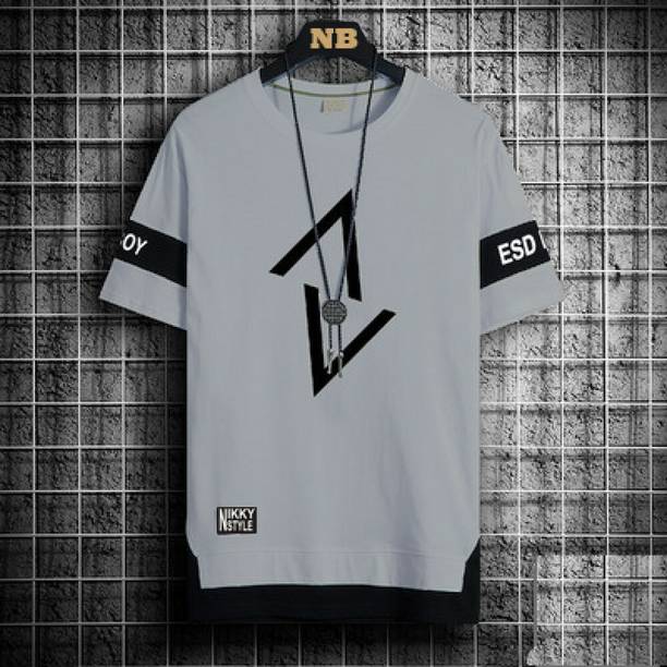 Men Printed Round Neck Cotton Blend Grey T-Shirt