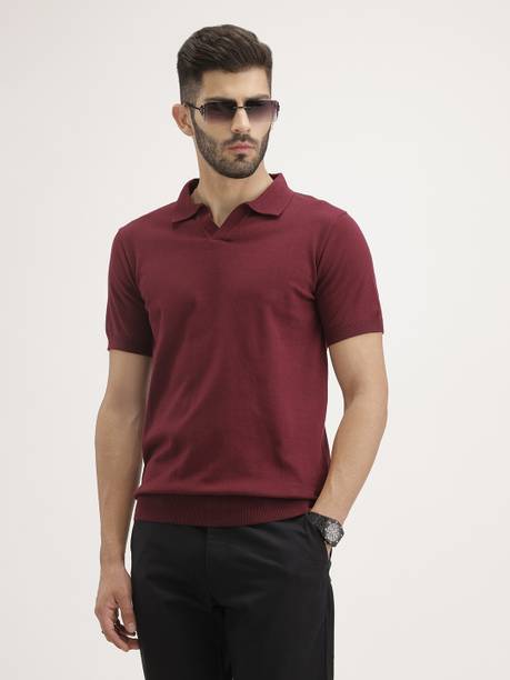 Men Solid Polo Neck Pure Cotton Maroon T-Shirt