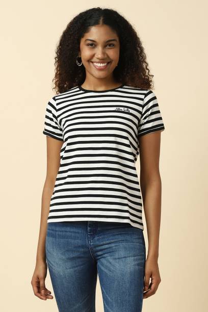 Women Striped Round Neck Cotton Blend Black T-Shirt