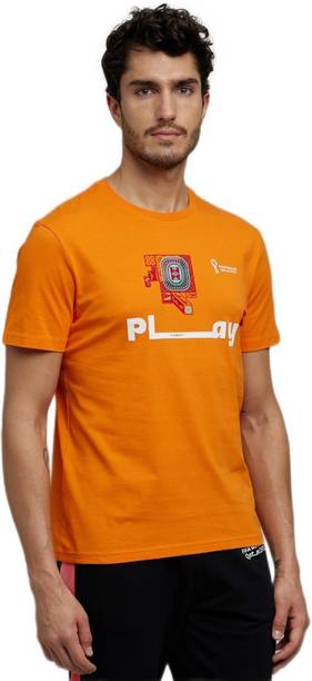 Men Typography Round Neck Pure Cotton Orange T-Shirt