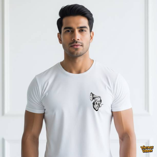 Faded Vintage Sporty, Printed Men Round Neck White T-Shirt