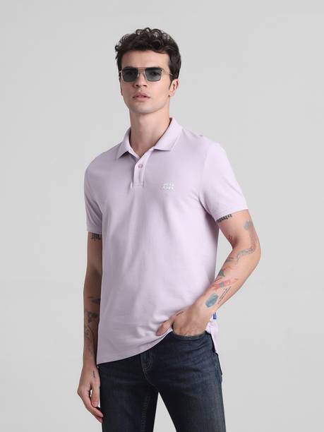 Men Self Design Polo Neck Cotton Blend Purple T-Shirt