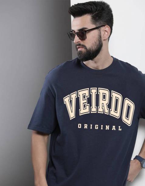 Oversize Men Typography Round Neck Pure Cotton Navy Blue T-Shirt