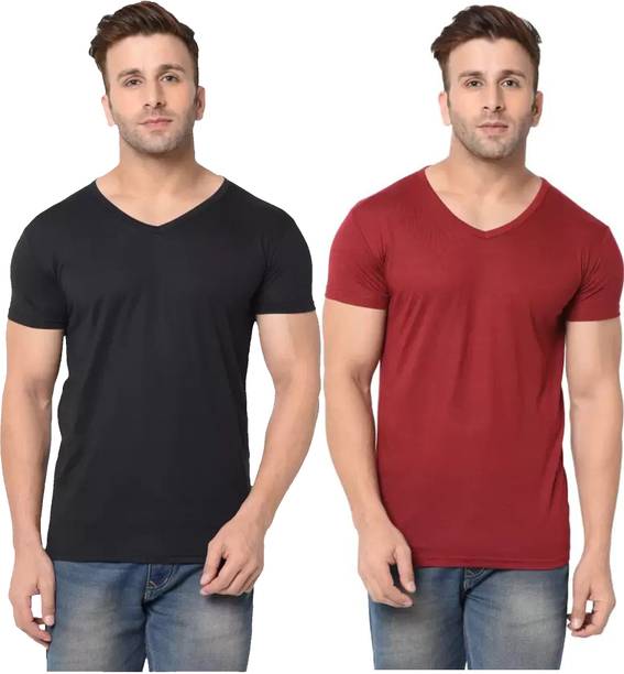 Pack of 2 Men Solid V Neck Polyester Black, Maroon T-Shirt