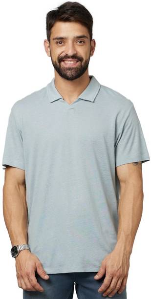 Men Self Design Polo Neck Linen Blend Light Blue T-Shirt