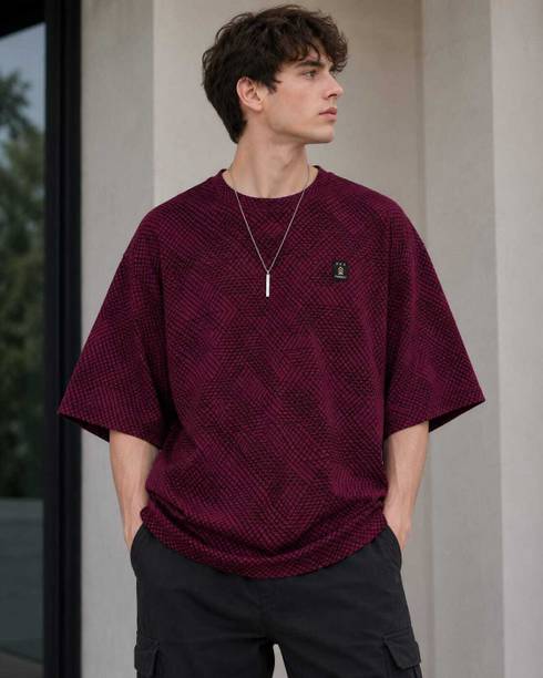 Men Self Design Round Neck Cotton Blend Maroon T-Shirt