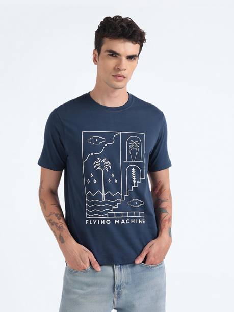Men Printed Crew Neck Cotton Blend Navy Blue T-Shirt