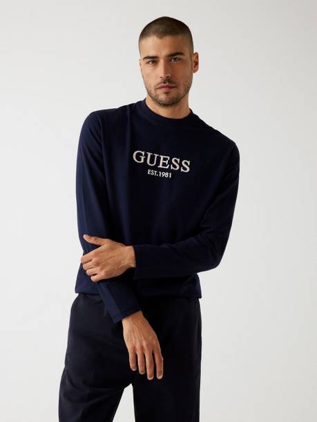 GUESS Embroidered Men Round Neck Navy Blue T-Shirt