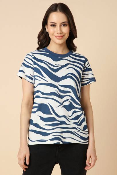 Women Printed Round Neck Pure Cotton Blue T-Shirt