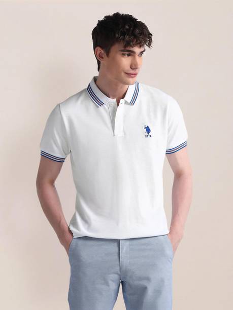 Men Printed Polo Neck Pure Cotton White T-Shirt