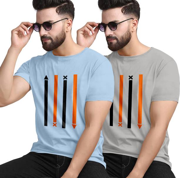 Pack of 2 Men Striped Round Neck Polyester Blue, Grey T-Shirt Price in India