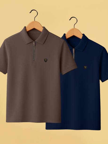 Pack of 2 Men Solid Polo Neck Polycotton Brown, Navy Blue T-Shirt