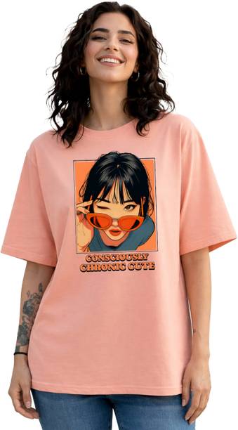 BELTLY Women Graphic Print Round Neck Cotton Blend Pink T-Shirt