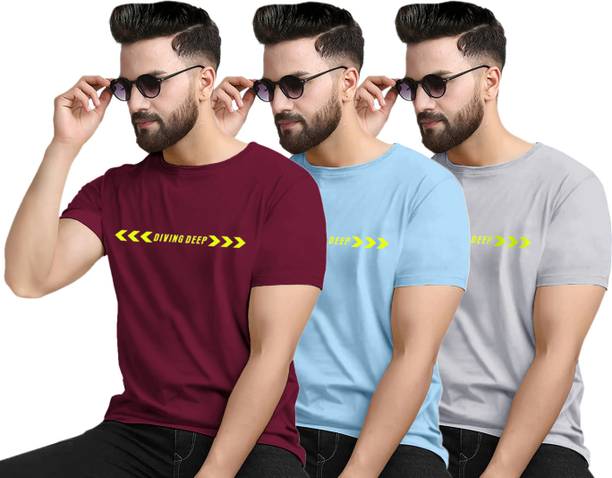 Diving deep Pack of 3 Men Solid Round Neck Polyester Multicolor T-S...
