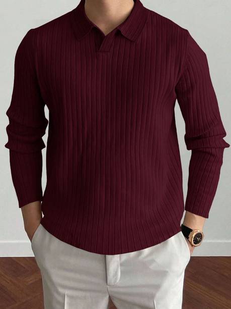 Men Striped Polo Neck Cotton Blend Maroon T-Shirt