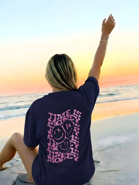 CORSICA Women Typography, Graphic Print Round Neck Pure Cotton Navy Blue T-Shirt