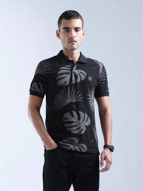 Men Printed Polo Neck Pure Cotton Black T-Shirt