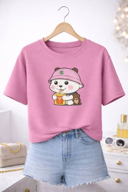 Printed Women Round Neck Cotton Blend Pink T-Shirt