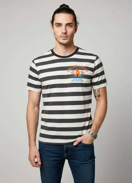 Men Striped Round Neck Cotton Blend White T-Shirt