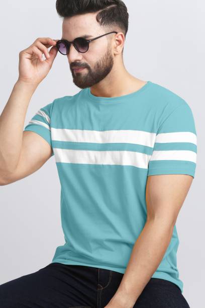 Men Striped Round Neck Cotton Blend Light Blue, White T-Shirt Price in India