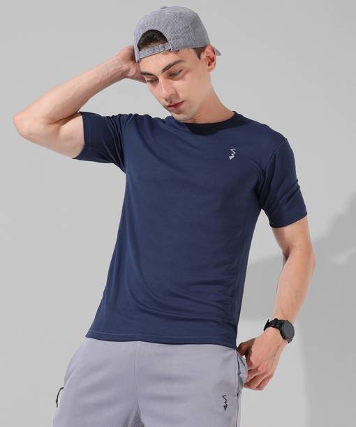 CAHOOT Men Solid Crew Neck Polyester Navy Blue T-Shirt