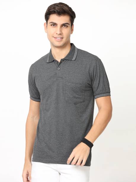 Men Solid Polo Neck Pure Cotton Grey T-Shirt Price in India