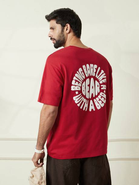 Men Printed Crew Neck Pure Cotton Red T-Shirt