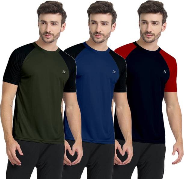 Pack of 3 Men Colorblock Round Neck Polyester Green, Dark Blue, Navy Blue T-Shirt