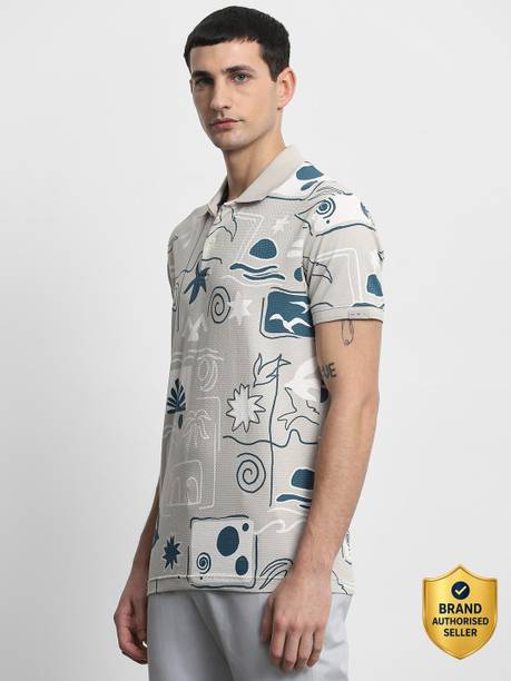 MUFTI Men Abstract Polo Neck Cotton Blend Grey T-Shirt