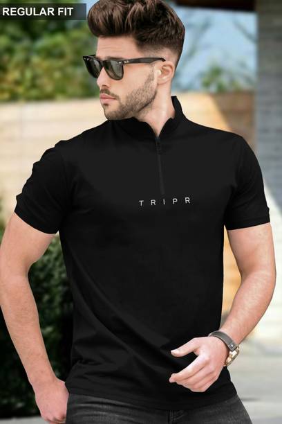 TRIPR Men Solid Mandarin Collar Cotton Blend Black T-Shirt