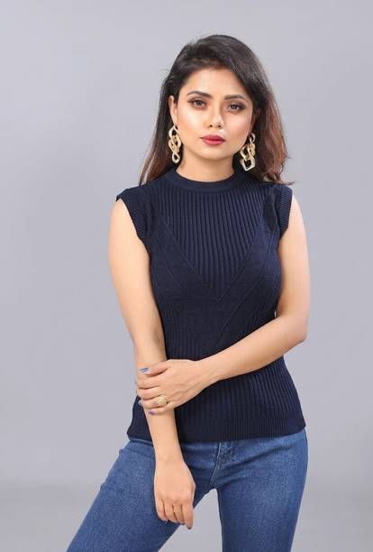 Casual Sleeveless Self Design Women Black Top