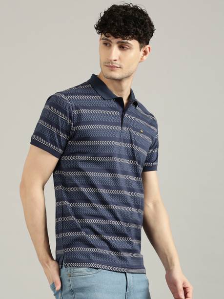 JOVEN Men Printed Polo Neck Pure Cotton Navy Blue T-Shirt