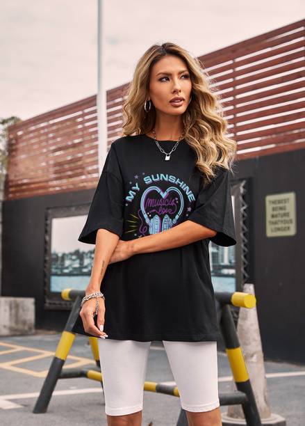 Urbanic Printed Women Round Neck Black T-Shirt