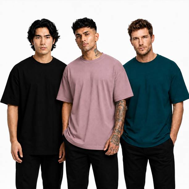 Pack of 3 Men Solid Round Neck Pure Cotton Black, Purple, Blue T-Shirt