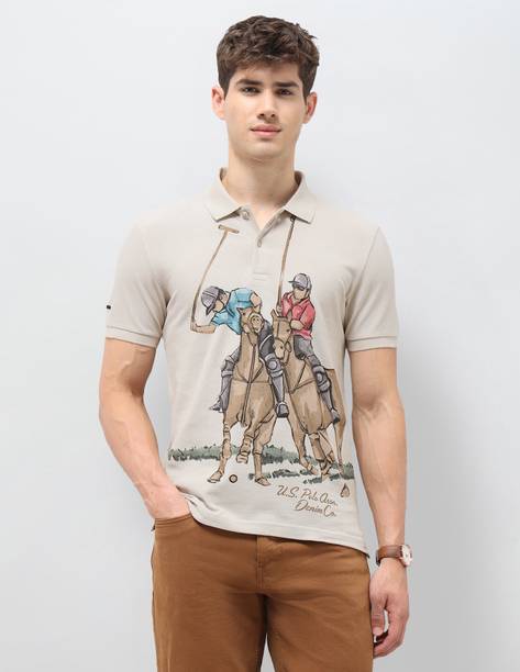 Men Graphic Print Polo Neck Pure Cotton Beige T-Shirt