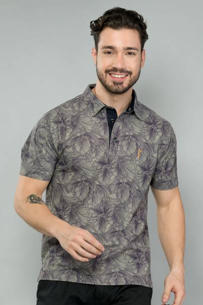 Stellers Men Floral Print Polo Neck Polyester Grey T-Shirt