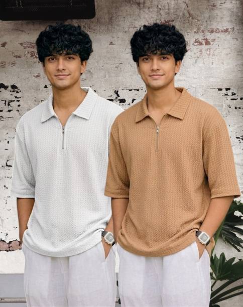 Pack of 2 Men Solid Zip Neck Polyester Multicolor T-Shirt