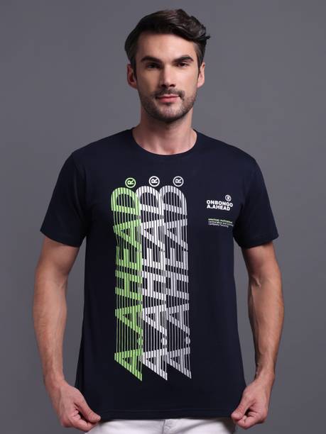 Printed Men Round Neck Pure Cotton Navy Blue T-Shirt