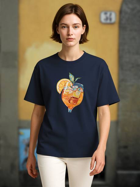 Hellcat Women Printed Round Neck Cotton Blend Navy Blue T-Shirt