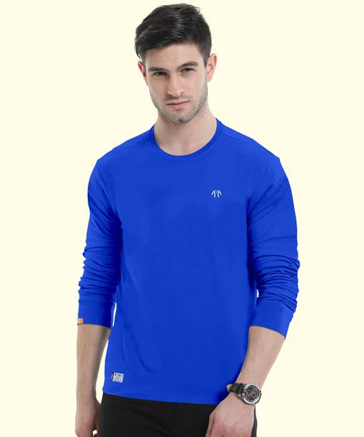 Triptee Men Solid Round Neck Pure Cotton Blue T-Shirt