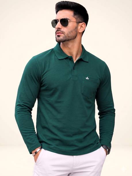 Men Solid Polo Neck Cotton Blend Green T-Shirt