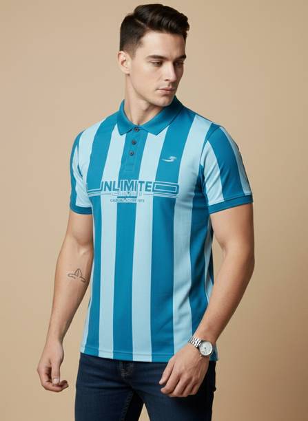 Men Self Design Polo Neck Polyester Blue T-Shirt