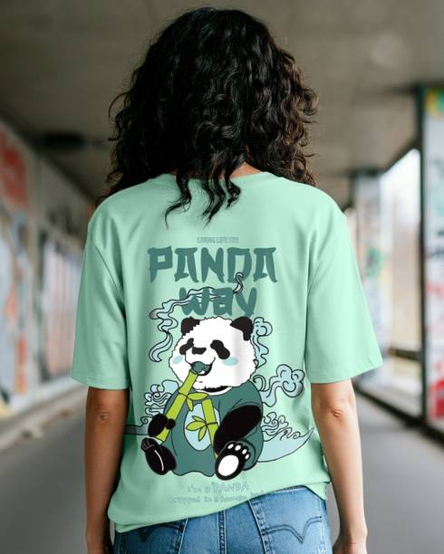Oversized Women Printed Round Neck Pure Cotton Green T-Shirt