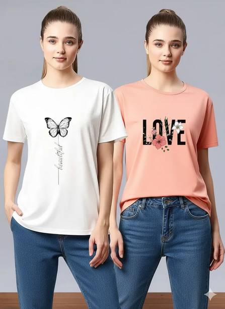 Attirea Pack of 2 Women Printed Round Neck Polyester White, Pink T-Shirt