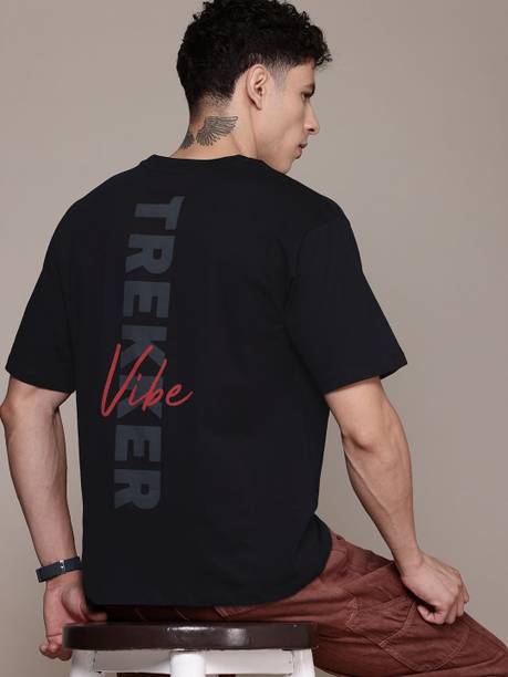 Men Printed Round Neck Pure Cotton Black T-Shirt